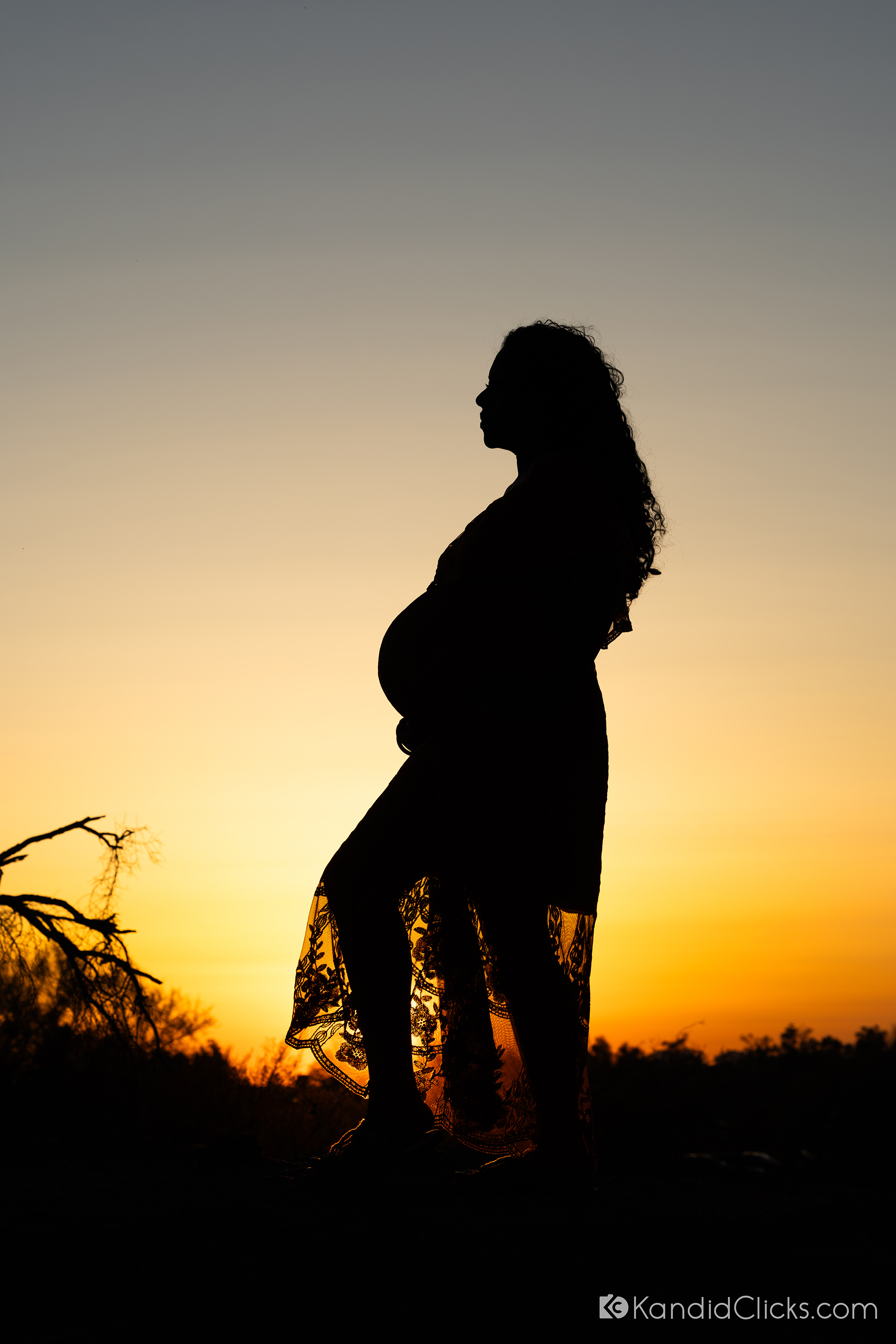 Maternity photographer captures a powerful golden-hour silhouette of mom-to-be in lace dress against the sky