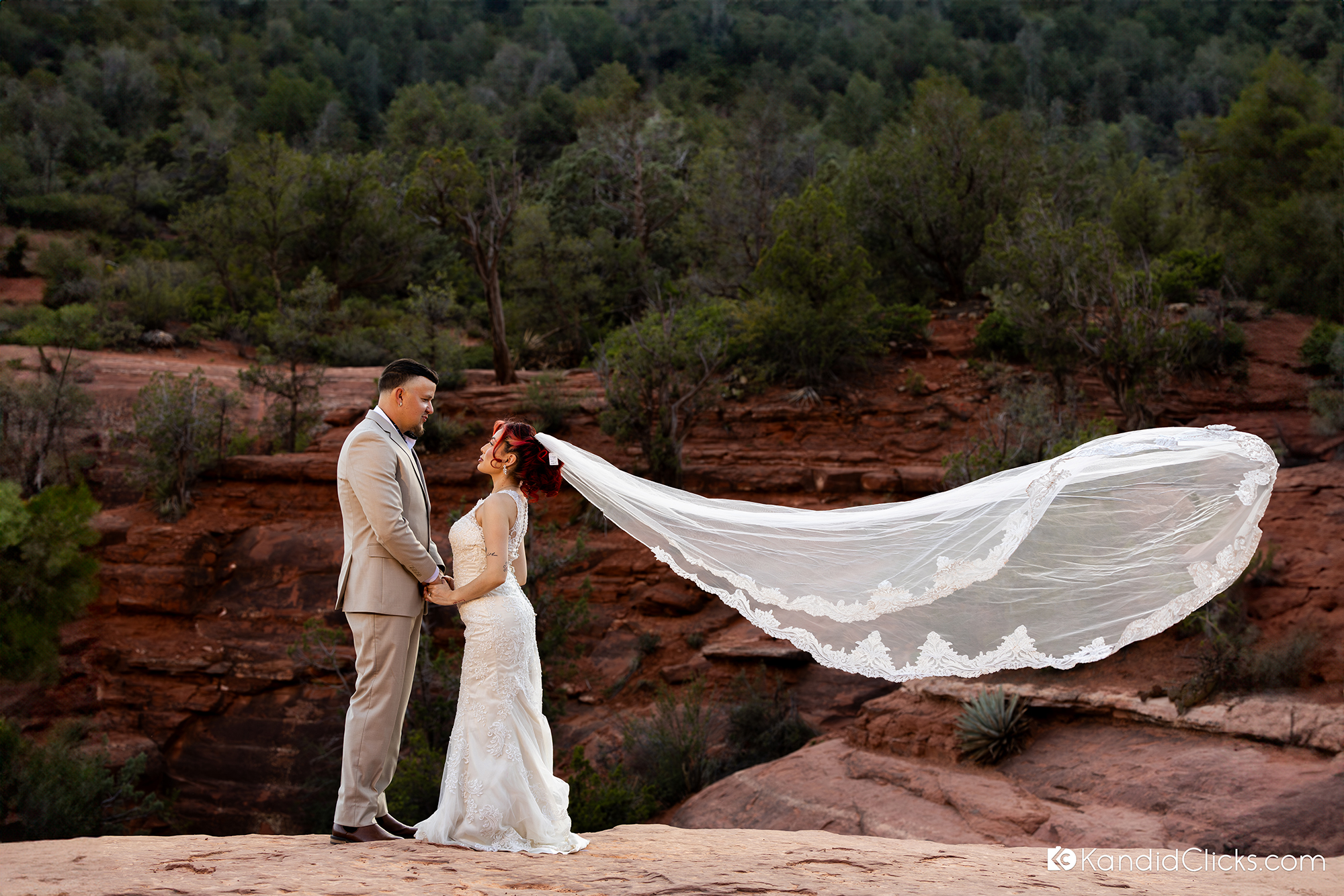 bride groom portrait red rock canyon flowing wedding veil arizona wedding photography